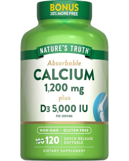 Nature's Truth Absorbable Calcium 1200 mg with Vitamin D3 5000 IU | 120 Softgels | Calcium Carbonate Supplement | Non-GMO Gluten Free | Nature's Truth
