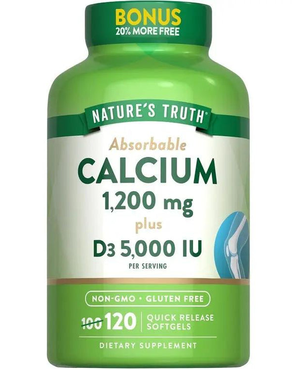 Nature's Truth Absorbable Calcium 1200 mg with Vitamin D3 5000 IU | 120 Softgels | Calcium Carbonate Supplement | Non-GMO Gluten Free | Nature's Truth

