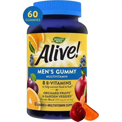 Nature's Way Alive! Multivitamins Complete Multi-Vitamin Supplement with Orchard Fruits/Garden Veggies Blend of Powder/Juice/Extract, 60 Gummies.

