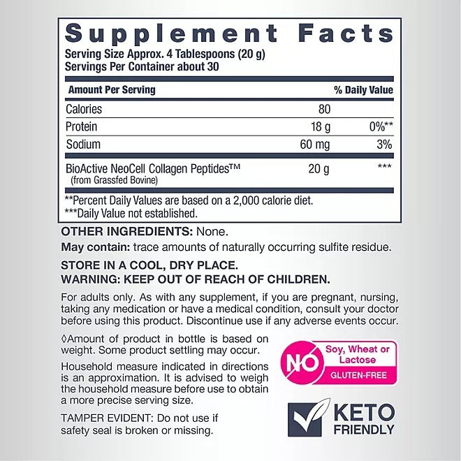 NeoCell Super Collagen Peptides Powder, Unflavored, 20 g, 21.2 oz