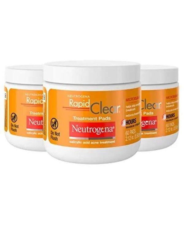 Neutrogena Rapid Clear Maximum Strength Acne Face Pads with 2% Salicylic Acid Acne Medication to Help Fight Breakouts, Oil-Free Facial Cleansing Pads for Acne-Prone Skin, 60 ct, Pack of 3
