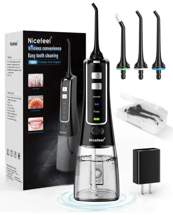 Nicefeel Cordless and Rechargeable Water Flosser - 300ML Water Tank Oral Irrigator, 4 Jet Tips, 3 Pressure Modes - IPX7 Waterproof and Travel Friendly 
