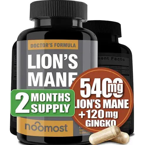 Noomost Organic Lions Mane Supplement Capsules 5400mg, Ginkgo Biloba 120mg – Vegan Lion Mane Mushroom Supplement for Cognitive Function, Mental Clarity, Focus & Memory – 2 Months