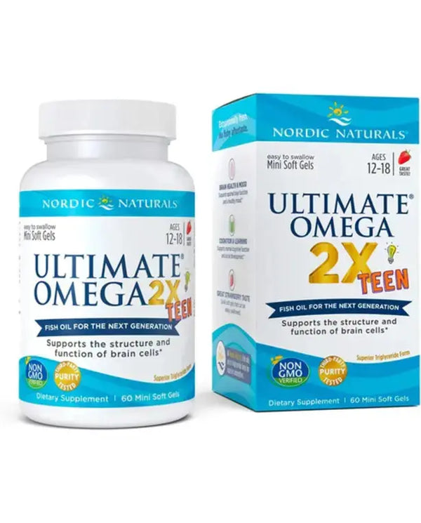 Nordic Naturals Ultimate Omega 2X Teen, Strawberry - 60 Mini Soft Gels - 1120 mg Total Omega-3s with EPA & DHA - Brain Health, Positive Mood, Social Development, Learning - Non-GMO - 30 Servings
