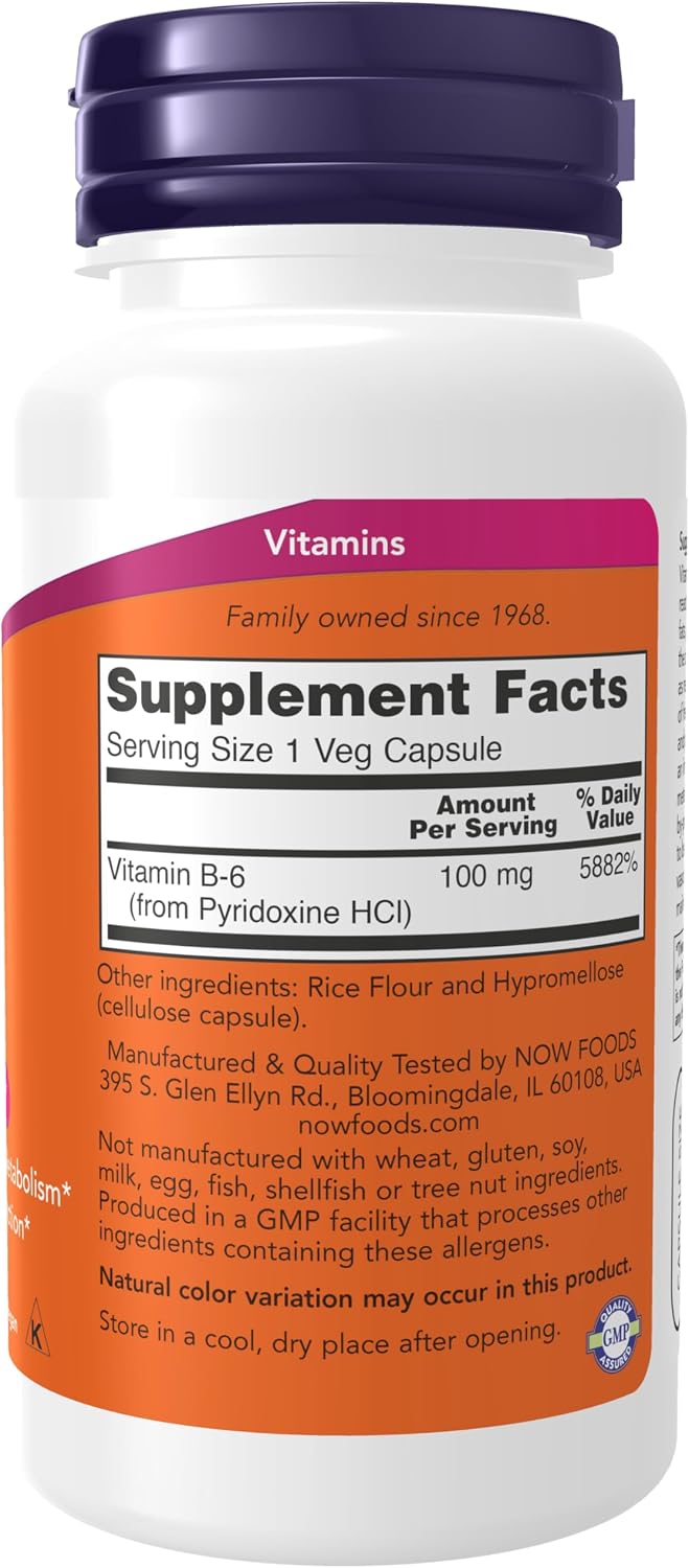 NOW Supplements, Vitamin B-6 (Pyridoxine HCl) 100 mg, 100 Veg Caps