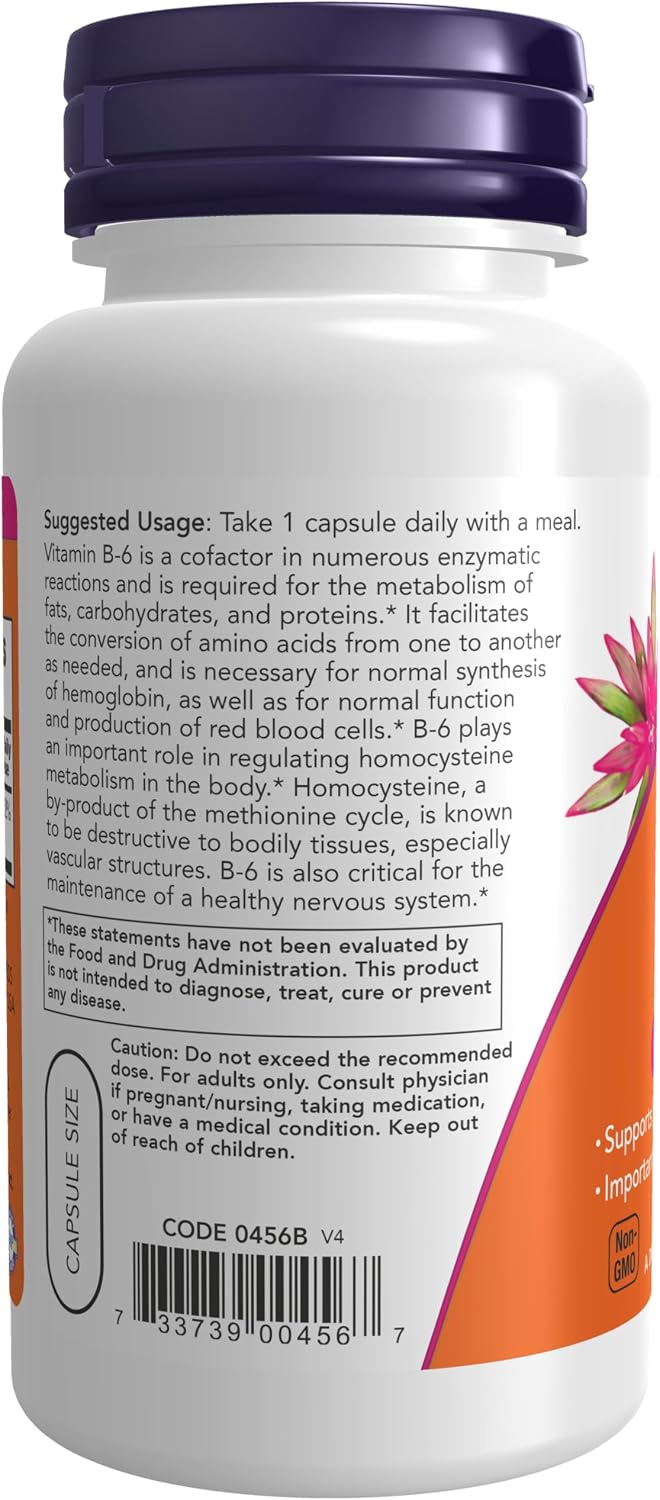 NOW Supplements, Vitamin B-6 (Pyridoxine HCl) 100 mg, 100 Veg Caps
