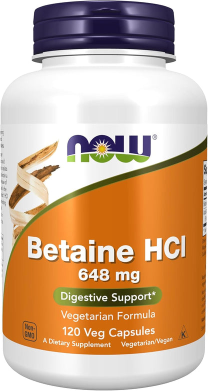 NOW Foods Supplements, Betaine HCl 648 mg, Vegetarian Formula, Digestive Support, 120 Veg Capsules