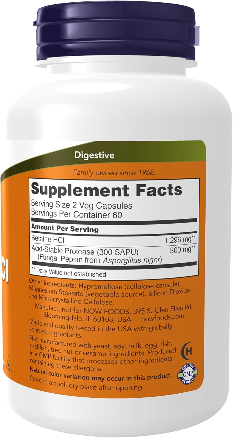 NOW Foods Supplements, Betaine HCl 648 mg, Vegetarian Formula, Digestive Support, 120 Veg Capsules