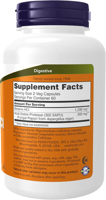 NOW Foods Supplements, Betaine HCl 648 mg, Vegetarian Formula, Digestive Support, 120 Veg Capsules