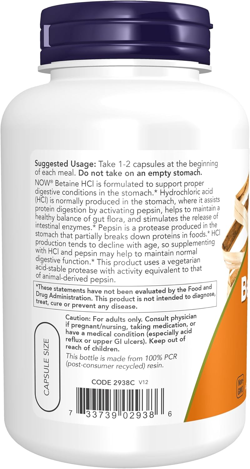 NOW Foods Supplements, Betaine HCl 648 mg, Vegetarian Formula, Digestive Support, 120 Veg Capsules