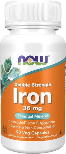 NOW Supplements, Iron 36 mg, Double Strength, Essential Mineral, 90 Veg Capsules