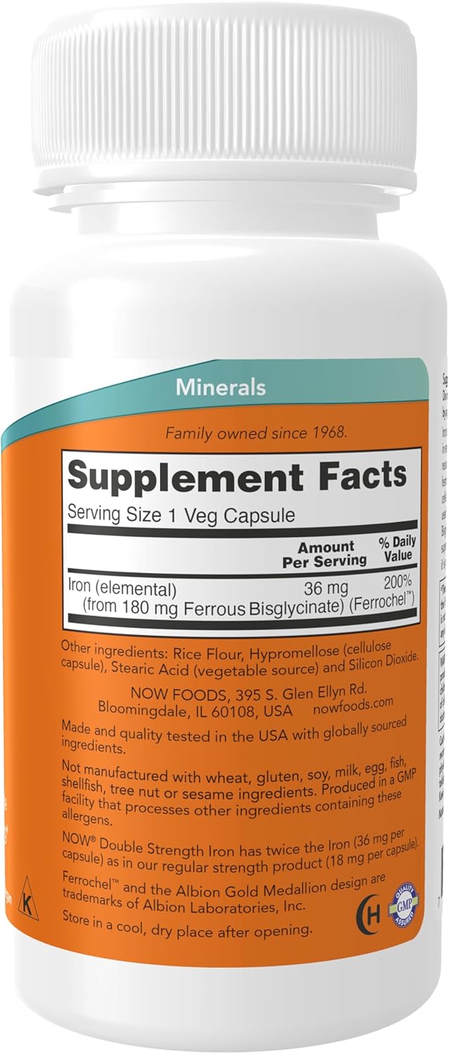 NOW Supplements, Iron 36 mg, Double Strength, Essential Mineral, 90 Veg Capsules