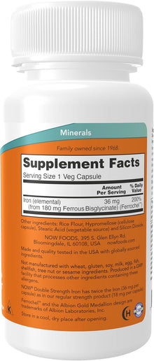 NOW Supplements, Iron 36 mg, Double Strength, Essential Mineral, 90 Veg Capsules