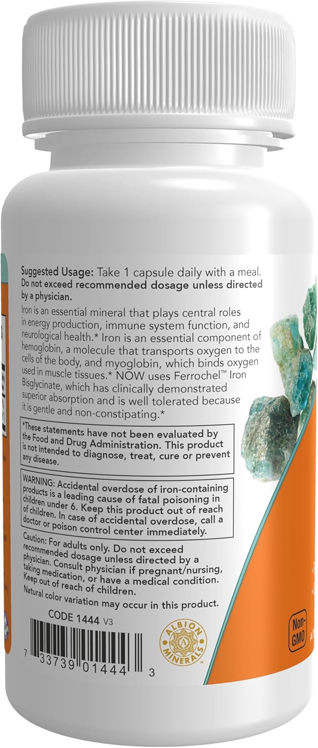 NOW Supplements, Iron 36 mg, Double Strength, Essential Mineral, 90 Veg Capsules