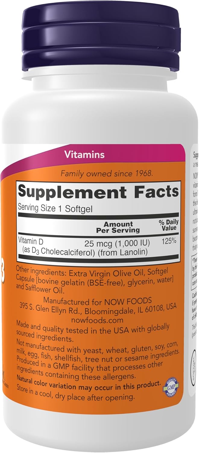 NOW Supplements, Vitamin D-3 1,000 IU, High Potency, Structural support, 180 Softgels