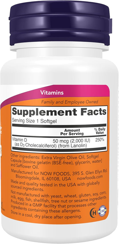 NOW Foods Supplements, Vitamin D-3 2,000 IU, High Potency, Structural Support, 240 Softgels