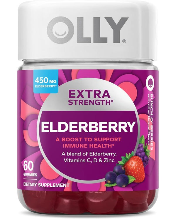 OLLY Extra Strength Elderberry Gummies, Immune Support, 450mg Elderberry, Vitamin C, D and Zinc, Berry - 60 Count
