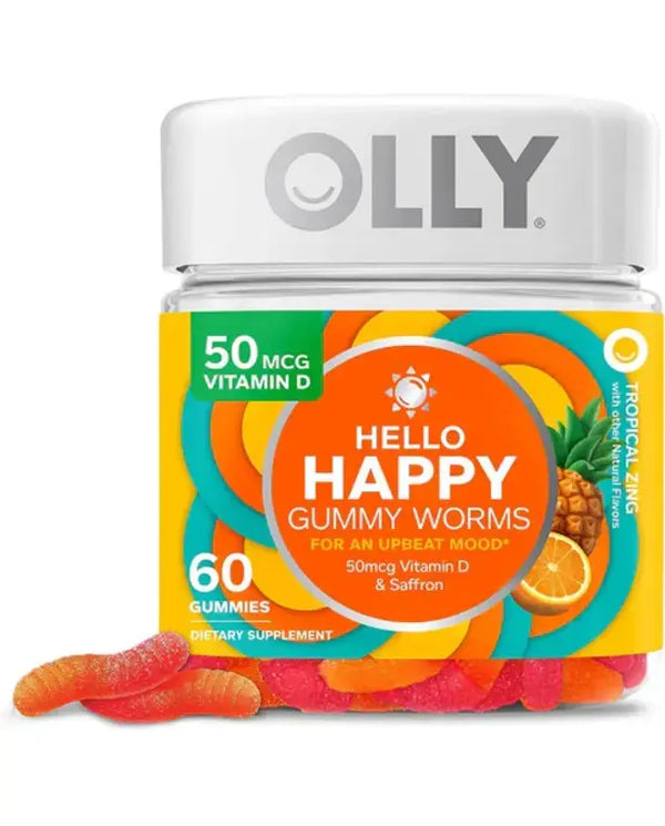 OLLY Hello Happy Gummy Worms, Mood Balance Support, Vitamin D, Saffron, Adult Chewable Supplement, Tropical Zing - 60 Count
