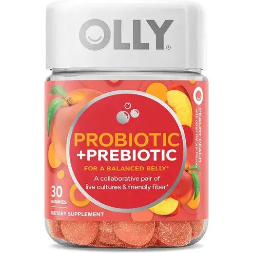 OLLY Probiotic + Prebiotic Gummy, Digestive Support and Gut Health, 500 Million CFUs, Fiber, Adult Chewable Supplement for Men and Women, Peach, 30 Day