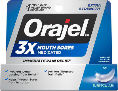 Orajel 3X Mouth Sores Medicated Pain Relief Gel, Extra Strength, 0.42 Oz