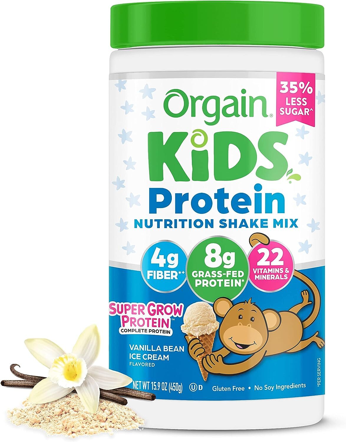 Orgain Kids Protein Powder Shake Mix, Vanilla Bean Ice Cream - 8g Dairy Protein, 22 Vitamins & Minerals, Fruit & Vegetable Blend, Gluten Free, No Soy Ingredients, Add Nutrients to Kids Snacks - 1lb
