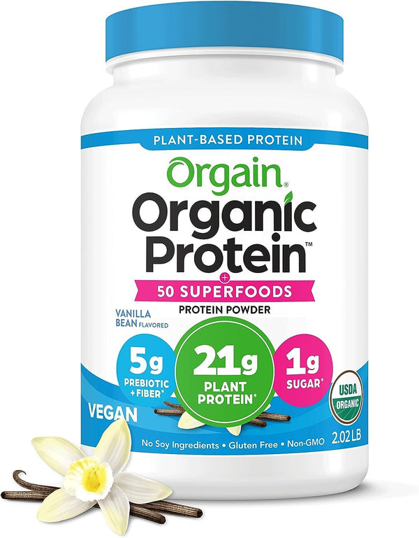 Orgain Organic Vegan Protein Powder + 50 Superfoods, Vanilla Bean - 21g Plant Based Protein, Gluten Free, Dairy Free, Lactose Free, Soy Free, No Sugar Added, Kosher, With B Vitamins - 2.02lb
