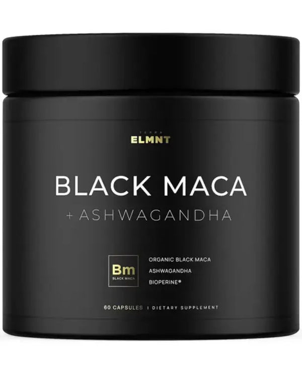 Organic Black Maca Root w. Ashwagandha - Highest Potency Black Maca Root Capsules for Men with 100% Pure Maca Peruana Powder Organic, Gelatinized, Non-GMO - 60 Pills
