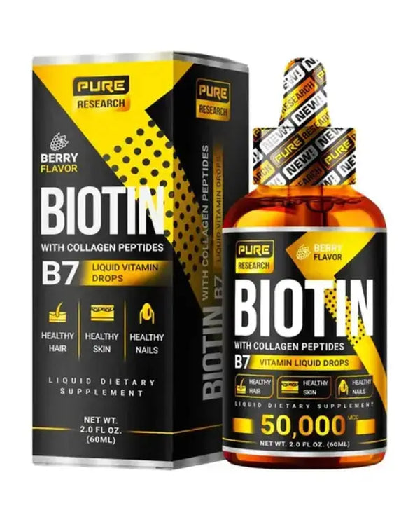 PURE RESEARCH Liquid Biotin & Collagen Hair Growth Drops 50,000 mcg Glowing Skin, Hair & Nail
