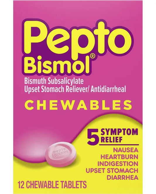 Pepto Bismol Chewable Tablets for Nausea, Heartburn, Indigestion, Upset Stomach, and Diarrhea - 5 Symptom Fast Relief, Original Flavor 12 ct
