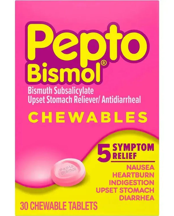 Pepto Bismol Chewable Tablets for Upset Stomach & Diarrhea Relief, Over-the-Counter Medicine, Original Flavor 30 Ct
