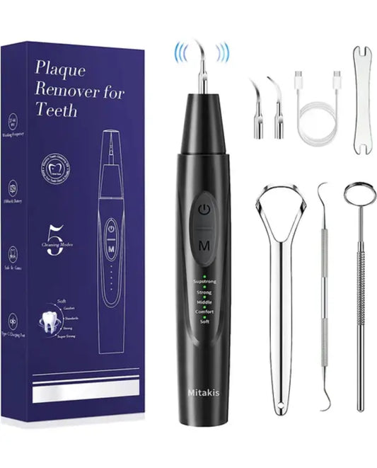 Plaque Remover for Teeth, Tartar Remover for Teeth with 5 Adjustable Modes & 2 Replaceable Heads, Electric Teeth Cleaner Kit with Dental Tools & Tongue Cleaner, Dental Calculus Remover with LED Light
