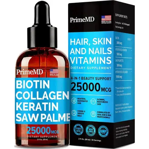 PrimeMD -in-1 Liquid Collagen 25000 mcg Drops - Keratin Saw Palmetto, Liquid Biotin - 2fl oz
