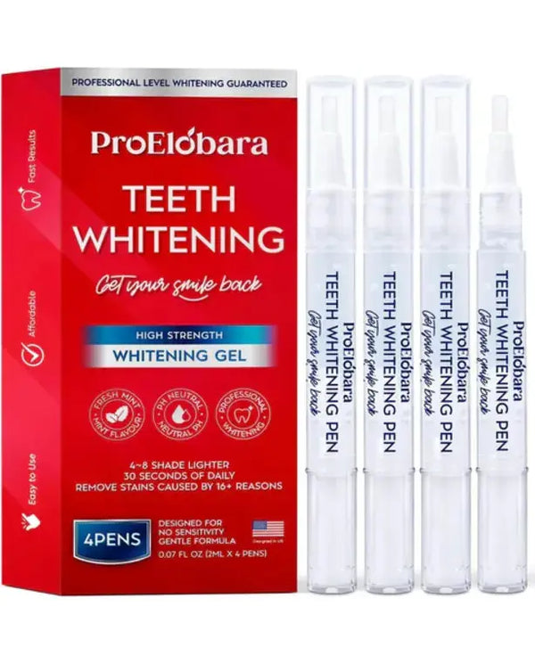 ProElobara Teeth Whitening Pen, Teeth Stain Remover Treatment to Whiten and Brighten Teeth with Power Tooth Whitening Gel - No Sensitivity, Brighter Smile, Painless, Effective, Mint Flavor - 4 Pens
