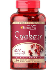 Puritan's Pride Premium Cranberry Fruit Concentrate 84 mg (4200 mg
equivalent) with Vitamins C and E, 250 Rapid Release Softgels