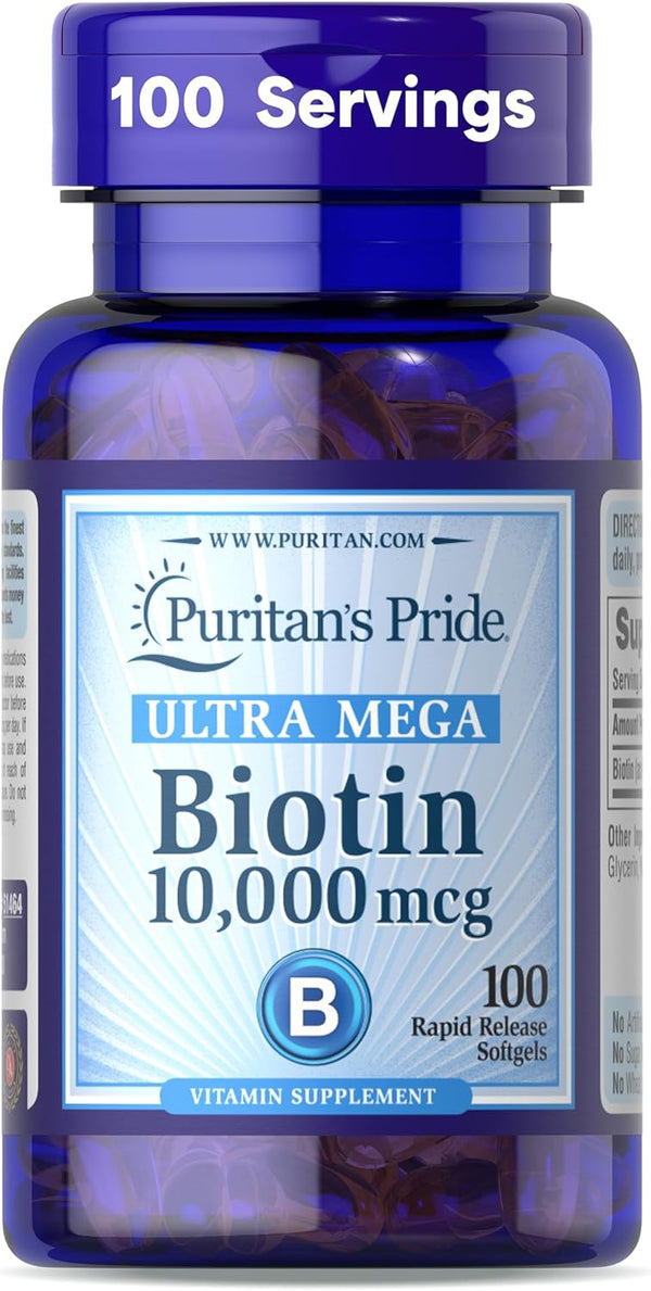 Bottle of Puritan's Pride Ultra Mega Biotin 10,000 mcg supplement with blue and white label.