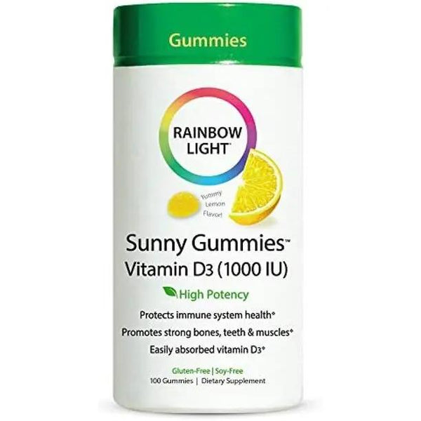 Rainbow Light D Gummies, Sunny Gummies, Vitamin D3 1,000 IU, Gluten Free, Protects Immune System Health, Lemon, 100 Gummies
