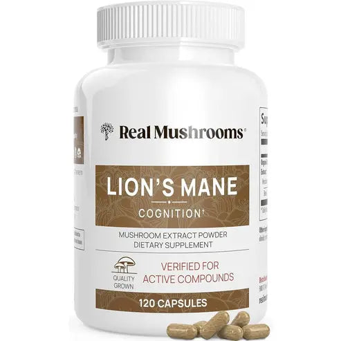 Real Mushrooms Lion’s Mane Capsules - Organic Lions Mane Mushroom Extract for Cognitive Function & Immune Support - Brain Supplements for Memory and Focus - Vegan Mushroom Supplement, 120 Caps
