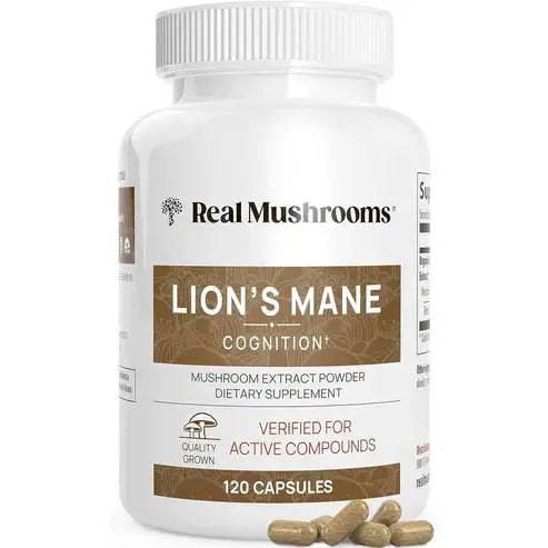Real Mushrooms Lion’s Mane Capsules - Organic Lions Mane Mushroom Extract for Cognitive Function & Immune Support - Brain Supplements for Memory and Focus - Vegan Mushroom Supplement, 120 Caps
