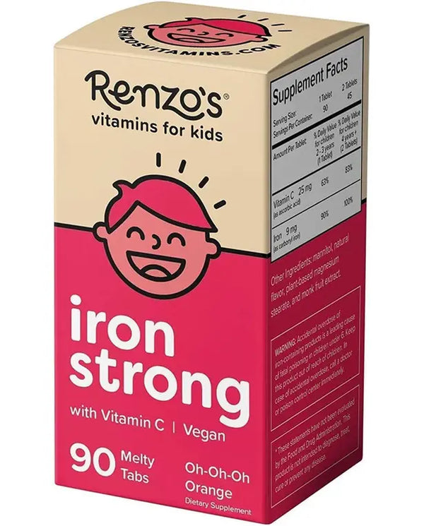 Renzo's Iron Supplements Dissolvable Vegan for Kids Children, Sugar Free for Anemia, Oh-Oh-Oh Orange Flavor, 90 Melty Tabs

