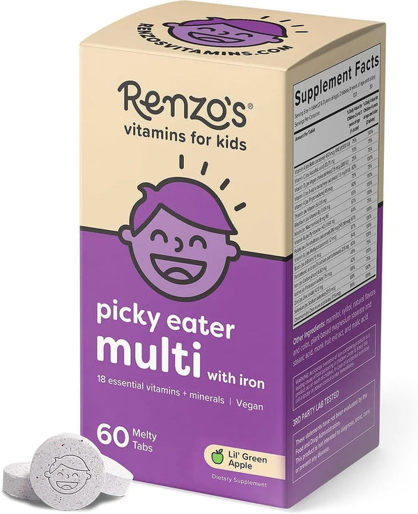Renzo's Picky Eater Kids Multivitamin with Iron, Dissolvable Multivitamin for Kids, Sugar Free Apple Flavored (60 Melty Tabs)
