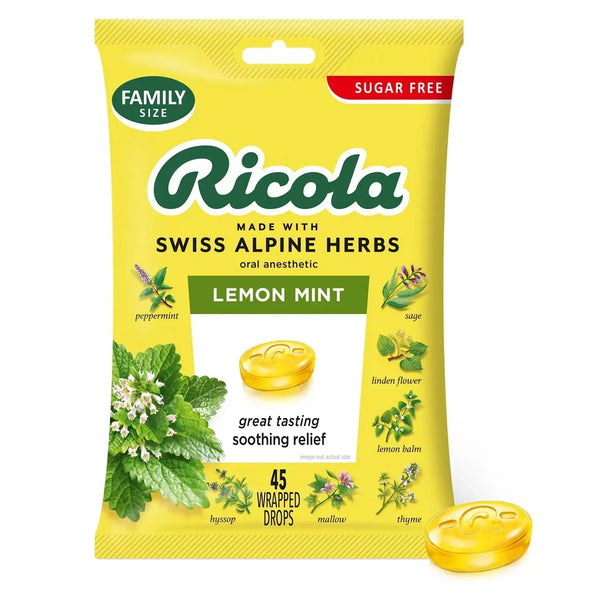 Ricola Cough Drops, Soothing Relief for Dry, Sore Throat, Sugar Free Lemon Mint, 45 Count
