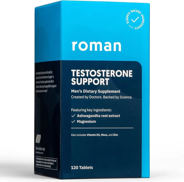 Roman Testosterone Support | Men's Daily Nutritional Supplement with Ashwagandha to Support Healthy T-Levels & Magnesium to Support Muscle Health | 30-Day Supply (120 Tablets)
