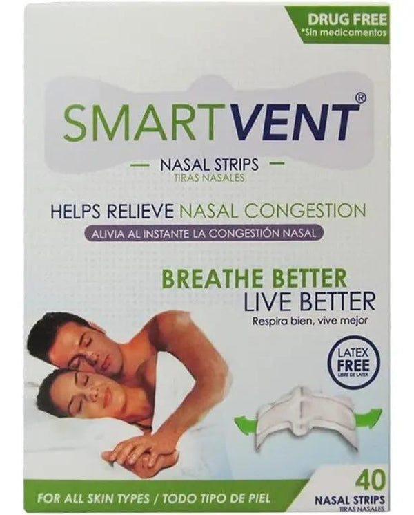 SMART VENT 40 Drug and Latex Free Nasal Strips That Instantly Relieve Nasal Congestion Breathe Better, Live Better. Includes 2 Practical Cases.
