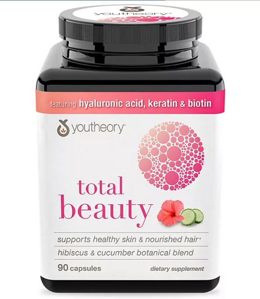 Youtheory Total Beauty Hyaluronic Acid, Keratin & Biotin Capsules 90 ct.