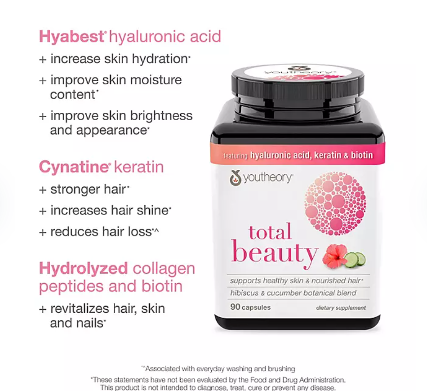 Youtheory Total Beauty Hyaluronic Acid, Keratin & Biotin Capsules 90 ct.