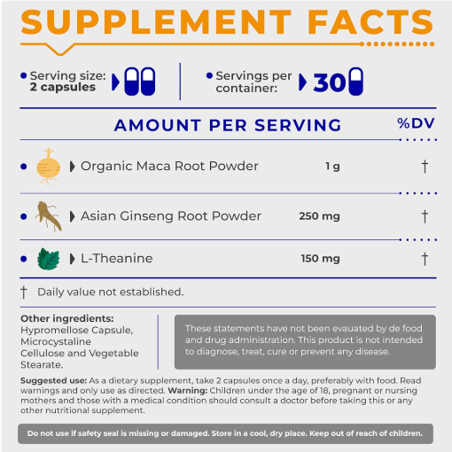Energy Pills Organic Maca Root - Testosterone Booster with Korean Red Ginseng & L-Theanine - Libido Enhancement for Men & Women - Gluten-Free Vegan Non-GMO Supplement Capsules