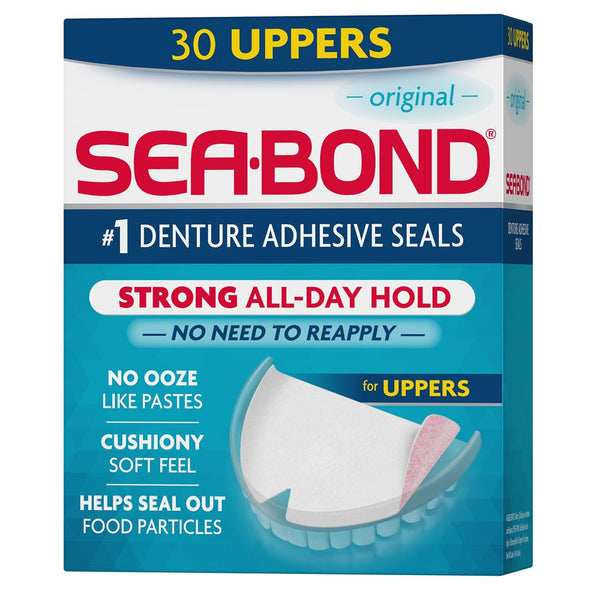 Sea-Bond Secure Denture Adhesive Seals, Original Uppers, Zinc-Free, All-Day-Hold, Mess-Free, 30 Count
