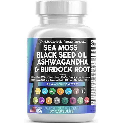 Sea Moss 3000mg Black Seed Oil 2000mg Ashwagandha 1000mg Turmeric 1000mg Bladderwrack 1000mg Burdock 1000mg & Vitamin C & D3 with Elderberry
