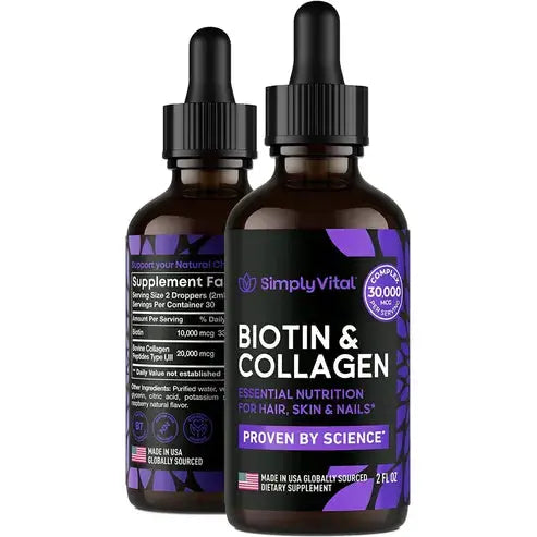 SimplyVital: Biotin & Collagen 30,000 mcg Liquid Drops for Hair, Skin, Nails for Men & Women - 2 fl oz
