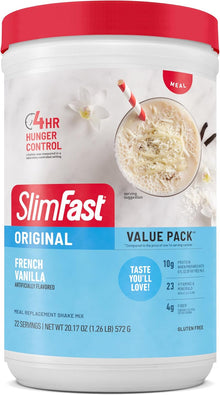 SlimFast Original meal replacement shake mix container with red lid and white body.